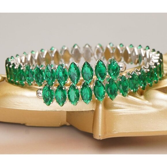 Green Cubic Zirconia Tennis Bracelets Open Adjustable Elastic Bangle for Women - Picture 5 of 7